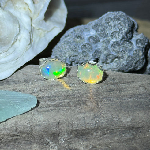 Ethiopian Welo Opal Earrings in Sterling Silver – Oval 8x10mm Gems with Colorful Fire Earrings